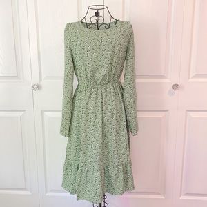 Floral Green Long Sleeve Midi Dress